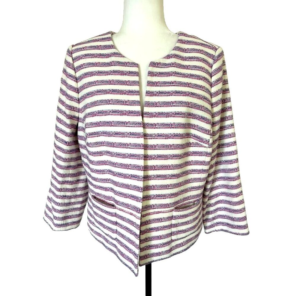 TALBOTS Women's Blazer Jacket Sze 16P Pink Blue Striped 3/4 Sleeve Pockets Lined